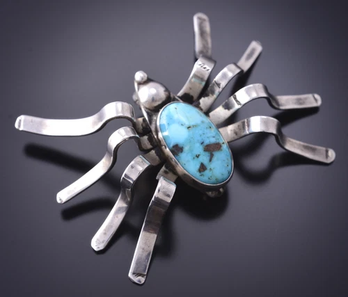 Vintage Silver & Turquoise Navajo Handmade Spider Brooch 3K31F