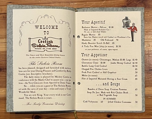 Vintage Costin's Sirloin Room restaurant MENU downtown Washington D.C. ephemera - Picture 3 of 7
