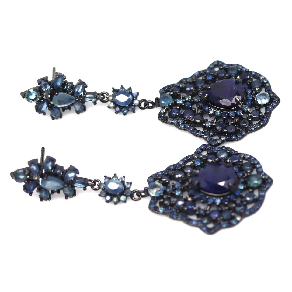 Pendientes Black Friday de plata de ley 925 recubiertos de oro negro zafiro azul Foto 2 de 4