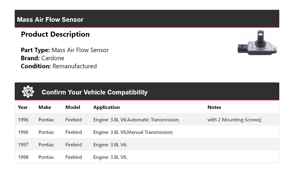 For 1996-1998 Pontiac Firebird 3.8L V6 Mass Air Flow Sensor Cardone 1997 - Image 2 of 4