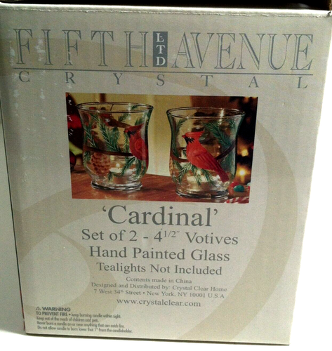 5th Avenue Crystal 2 Tealites Candle Holders Cardinal Birds Hand Painted Glass - Picture 5 of 5