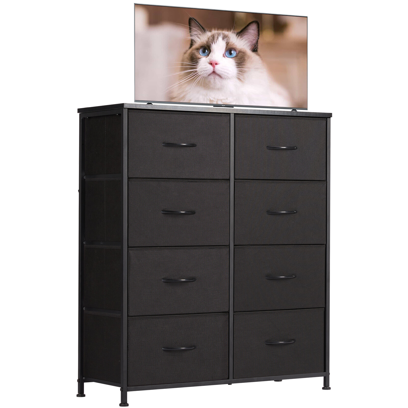 Black 8-Drawer Fabric Dresser with Wood Top - Bedroom Closet Organizer  -image