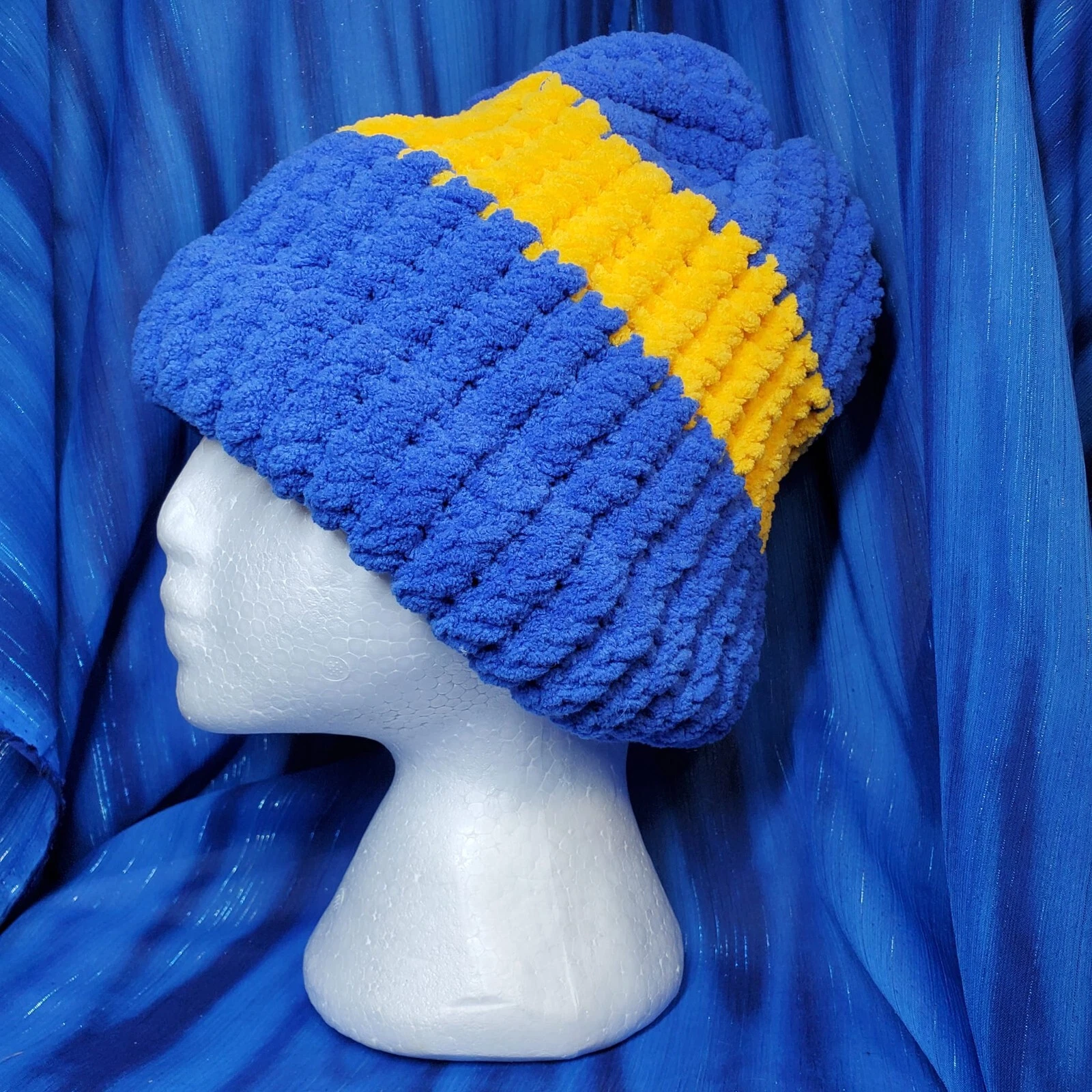 Blue and Gold Snug and Soft Beanie 9" Wonderfully Warm Handmade