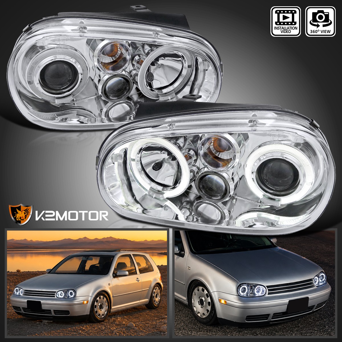 Fits 1999-2006 Volkswagen VW Golf MK4 GTI LED Halo Projector