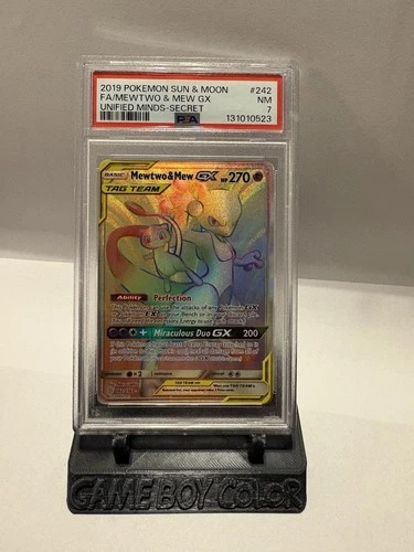 POKEMON MEWTWO AND MEW GX RAINBOW SECRET RARE 242/236 2019 UNIFIED MINDS PSA 7