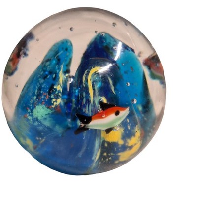 Murano Style Art Glass Tropical Fish Aquarium Reef Bubbles Paperweight 3'' Diam