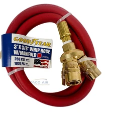 3 Way 1/4" Quick Coupler Manifold Splitter W/ Goodyear 3' Lead In Air Hose Whip