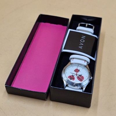 AVON Ladybug Watch Women's White Leather Band Stainless Steel New In Box