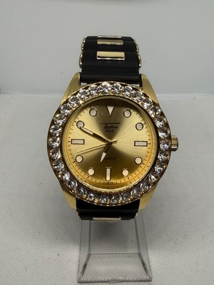 Techno Pave NO.8653 Men's Gold-Tone Iced Out Rhinestone Bezel Silicone Watch