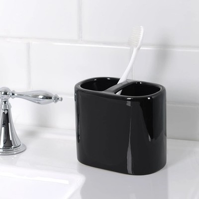 Rich Black Ceramic Toothbrush Holder for Adults Bathroom Counter Organizer