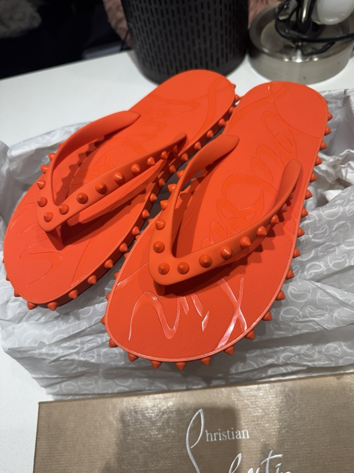 Christian Louboutin Loubi Flip Donna Spike Sandals Orange Red Size 38 New w/ Box