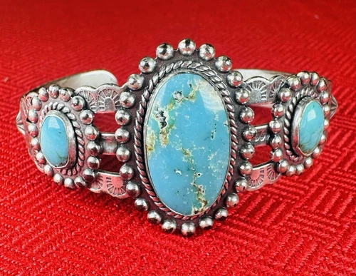 Vtg Pacific Jewelry JP Navajo Style .925 Kingman Turquoise Cuff Bracelet 1940s