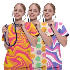 Custom Women's Scrubs Set: V-Neck Top Drawstring Pants Modern Print Design