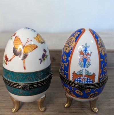 2 Russian Style Ceramic 4'' Eggs Jewelry Trinket Box Easter Hinged & Footed