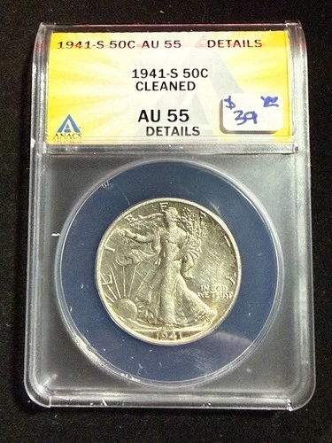 1941 S WALKING LIBERTY HALF DOLLAR ANACS AU 55 DETAILS CLEANED