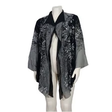 Citron Santa Monica Black Asian Floral Open Jacket 0X Silk Blend Artsy Kimono
