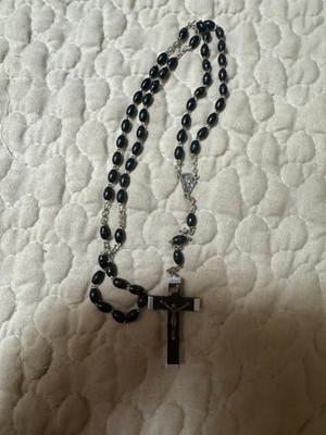 Vintage Italy Dark Wood & Silver-Tone Metal Crucifix Rosary Necklace