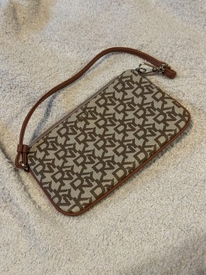 DKNY Monogram Wristlet/Pouch in Beige with Leather Detail
