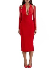 New House of CB Yasmin Scarlet Plunge Midi Dress Boned Bodice Split Back Hem Red