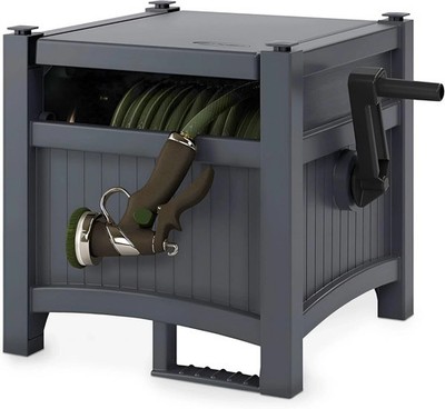 Suncast 100 ft. Garden Hose Hideaway Storage Reel Box, Cyberspace Grey   Resin
