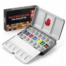 Empty Watercolor Palette Tin with Lid - Includes 20 Half Pans, 4 Fold Small