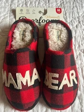 Cute Dearfoams Sz7-8 Mama Bear Red Plaid Ivory Faux Fur Lining Slippers NEW
