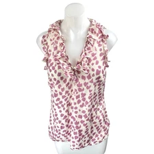 Ann Taylor White Pink Leopard Animal Print Ruffle Sleeveless Tank Blouse Top S