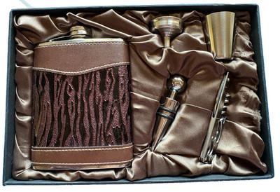 VNT NEW AILIKE LIQUOR BROWN LEATHER STAINLESS STEEL HIP FLASK 5-PCS GIFT SET BOX