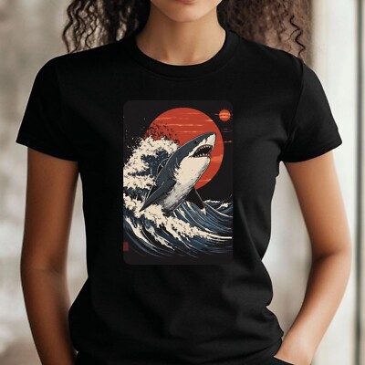 Frauen T-Shirt Hai Kanagawa Welle Motiv Baumwolle Größe S bis 3XL