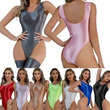 UK Women Satin Glossy Swimming Costume Backless Leotard One-Piece Swimsuit