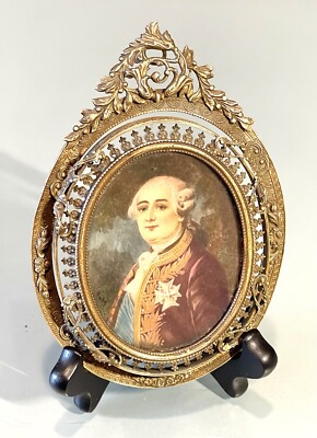 Antique Vintage 19C King Louis XV Signed Miniature Portrait Painting Gilt Frame