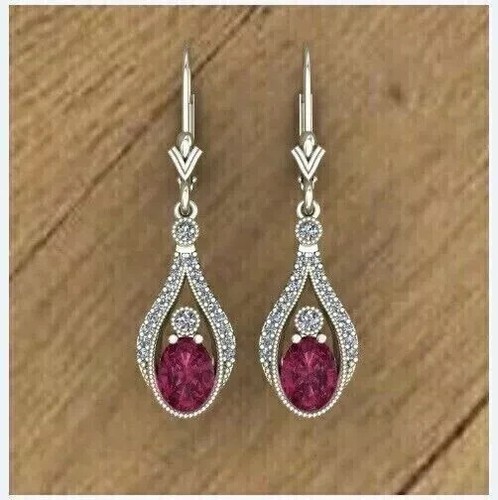 2.50Ct Oval Cut 14K White Gold Plated Lab-Created Red Ruby Drop/Dangle Earrings - Picture 4 of 7