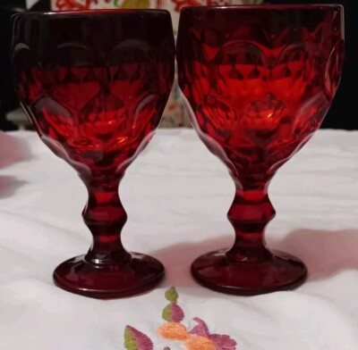 2 Vtg 4.75''X 2.50'' Fenton Ruby Red Amberina Thumbprint Tea Water Wine Goblet MCM