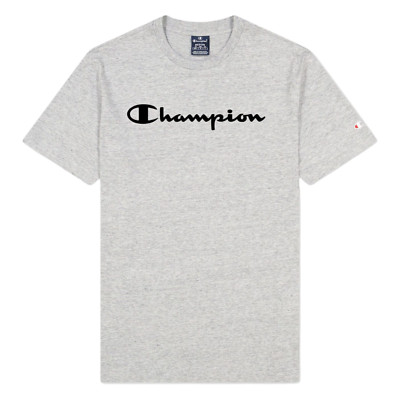 Champion HERREN Script Logo Rundhals T-Shirt Baumwolle Spellout Grau Jersey Top