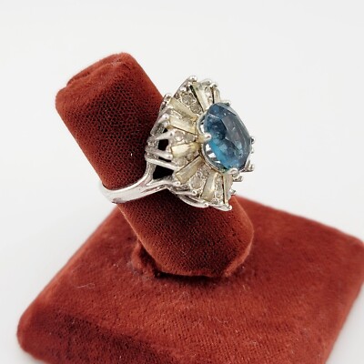 Vtg Sz 7 Ring Ruffle Blue Clear Rhinestones White Gold