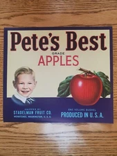 ORIGINAL PETE'S BEST  GRADE APPLE CRATE LABEL WENATCHEE Wash. Stableman Fruit