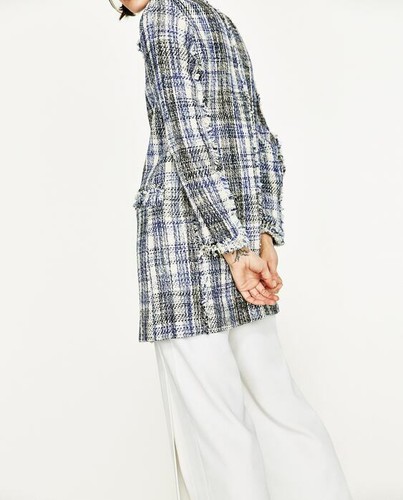 ZARA BLUE ECRU BLACK CHECKED FRAYED FROCK COAT SIZE XS - Picture 10 of 18