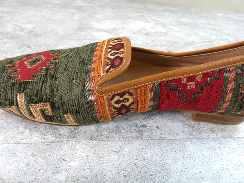 Zapato Kikim Hecho a Mano Mujer 43 EE. UU. 12 Verde De Colección Suroeste Alfombra Sin Cordones Boho - Imagen 7 de 14
