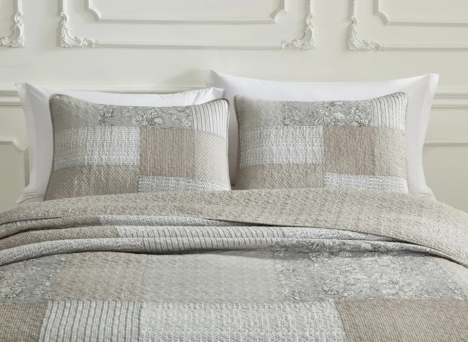 Taupe Gray Hibiscus Patchwork Quilt Set Pre-Washed Cotton Bedspread Coverlet Set - Image 2 of 4