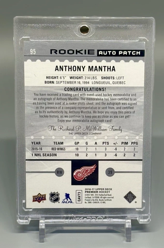 2016-17 Upper Deck Premier /299 Anthony Mantha #95 RPA Rookie Patch Auto RC - Image 2 of 2