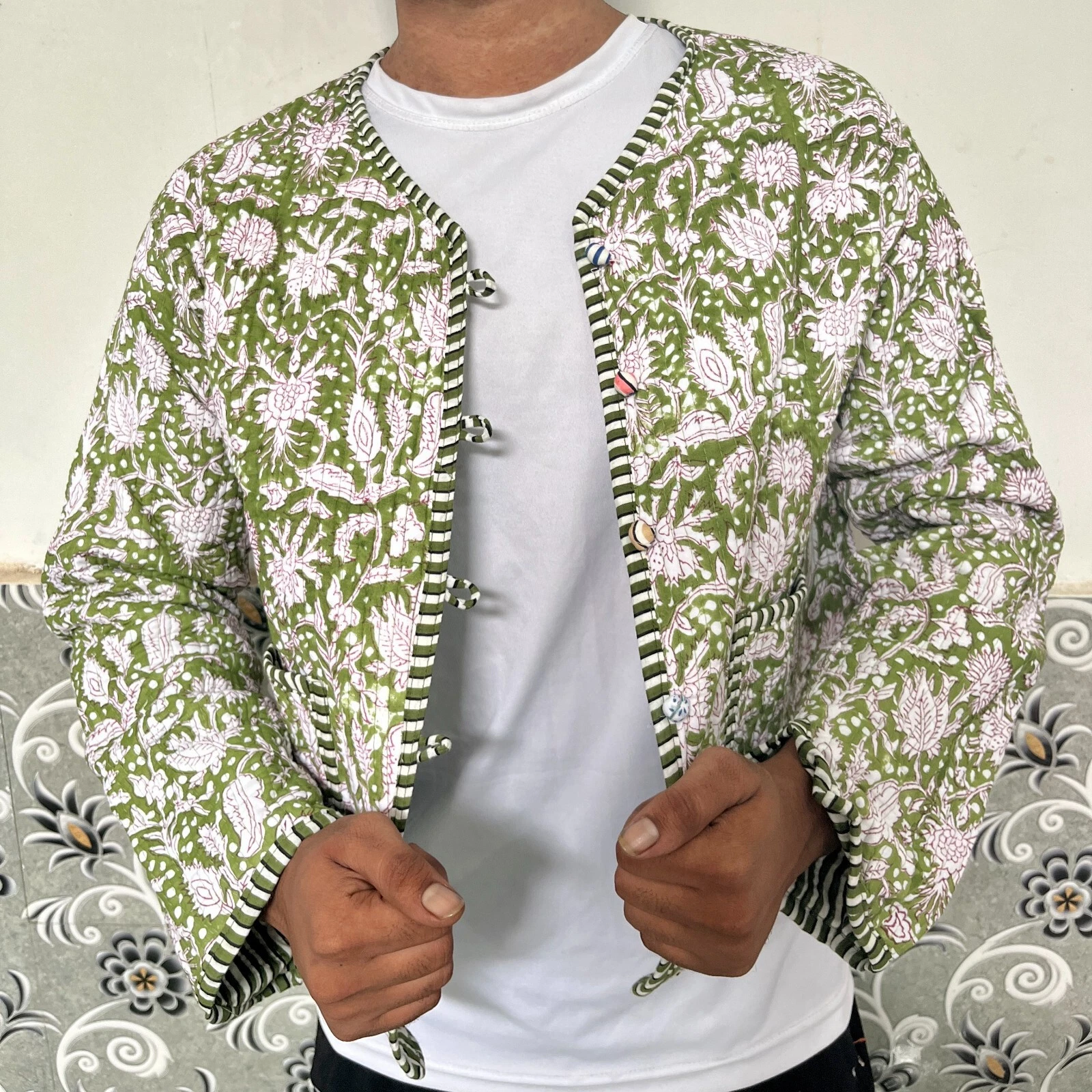 Indian Green Floral 100% Cotton Quilted Unisex Jacket Women's Clothing Jacket US