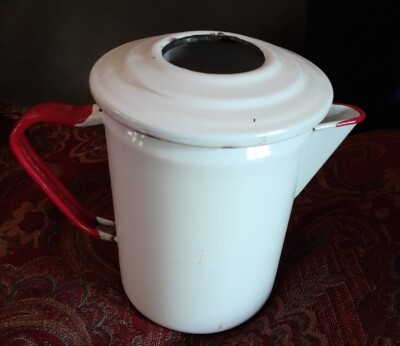 Vintage Metal Enamelware Coffee Pot Tea Kettle White W Red Trim Enamel No  Glass