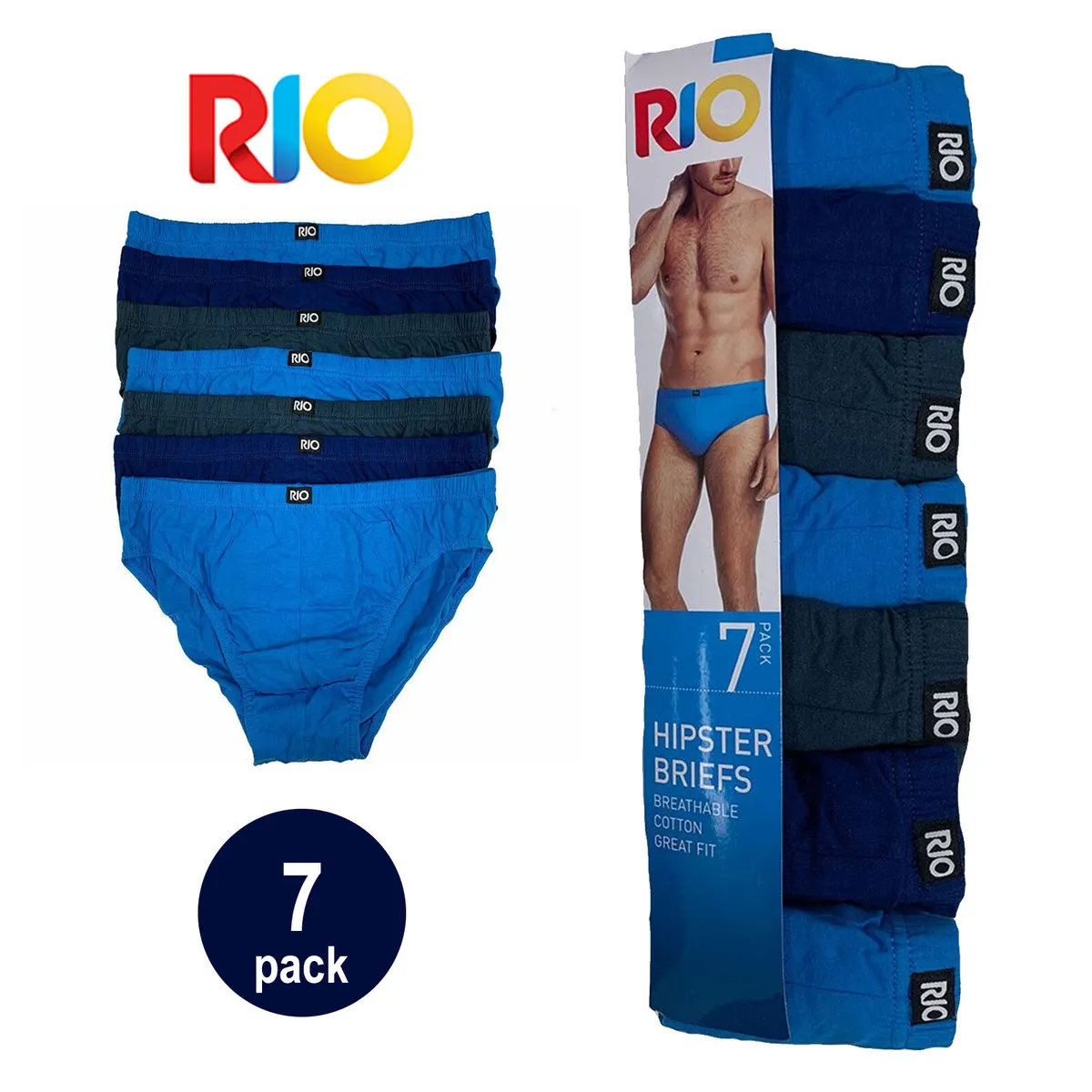 Rio 7 Pack Bulk Mens Cotton Plain Hipster Briefs Undies Underwear Blue Grey