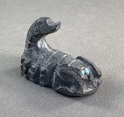 Zuni Carved Black Marble Scorpion Fetish with Turquoise Eyes by Derrick Kaamasee