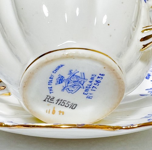 WILEMAN Antique England Foley China Blue Flower Leaves Porcelain Cup & Saucer - Picture 4 of 9