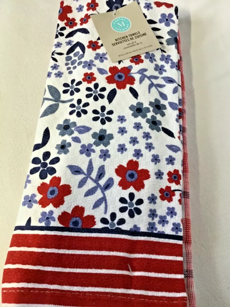 MARTHA STEWART KITCHEN TOWELS (2) BLUE RED FLOWERS STRIPE PLAID 100% COTTON  NWT