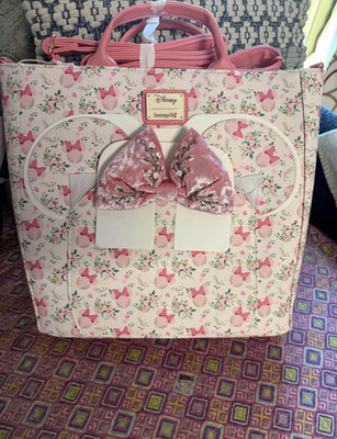 Loungefly Disney Minnie Mouse Floral Bow Convertible Tote Zip Pink/White
