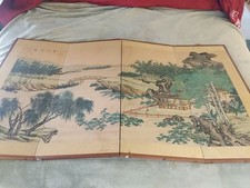 Vintage Japanese Four Panel Folding Screen Asian Byobu Painted  60x34 , Nice