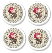 Vintage Clock Face Cabinet Knobs Set of 4 – Floral Romantic Drawer Pulls Decor