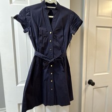 Tahari Arthur S. Levine Navy Blue Poplin Shirt Dress Mandarin Collar Belted 4P